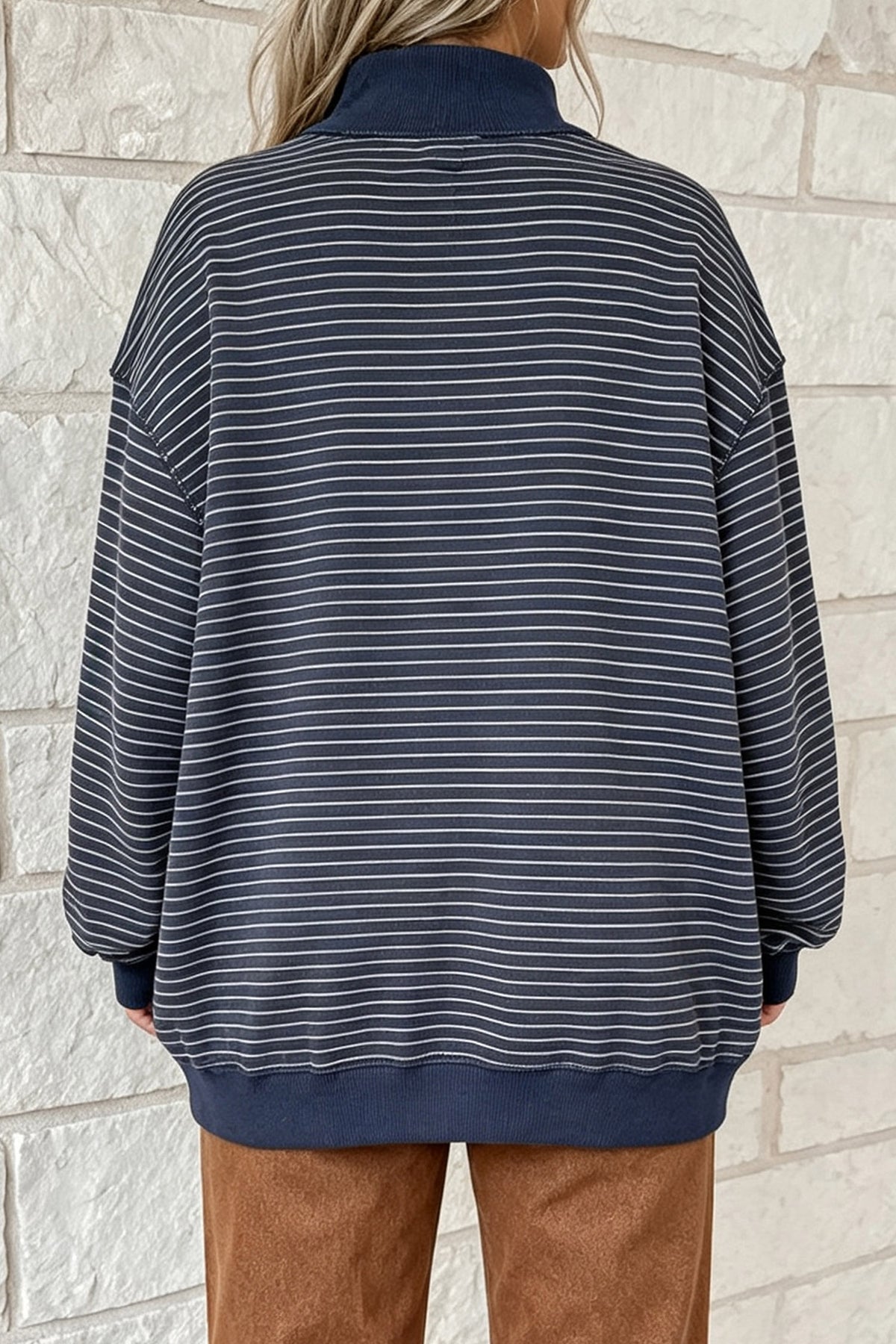 Khaki Stripe Ribbed Color Block Mock Neck Oversized Sweatshirt