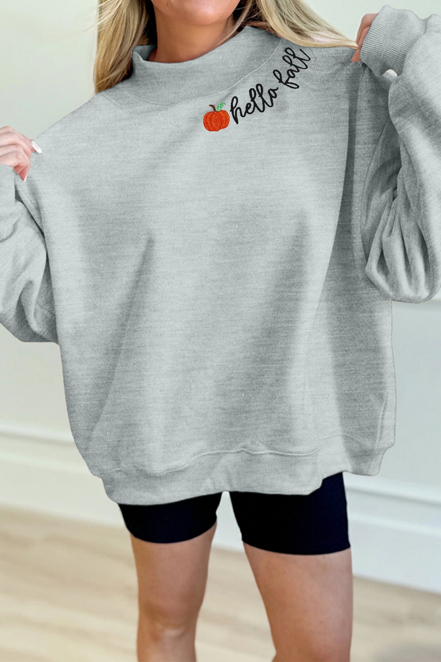 Hello Embroidered Pumpkin Detail Mock Neck Sweatshirt