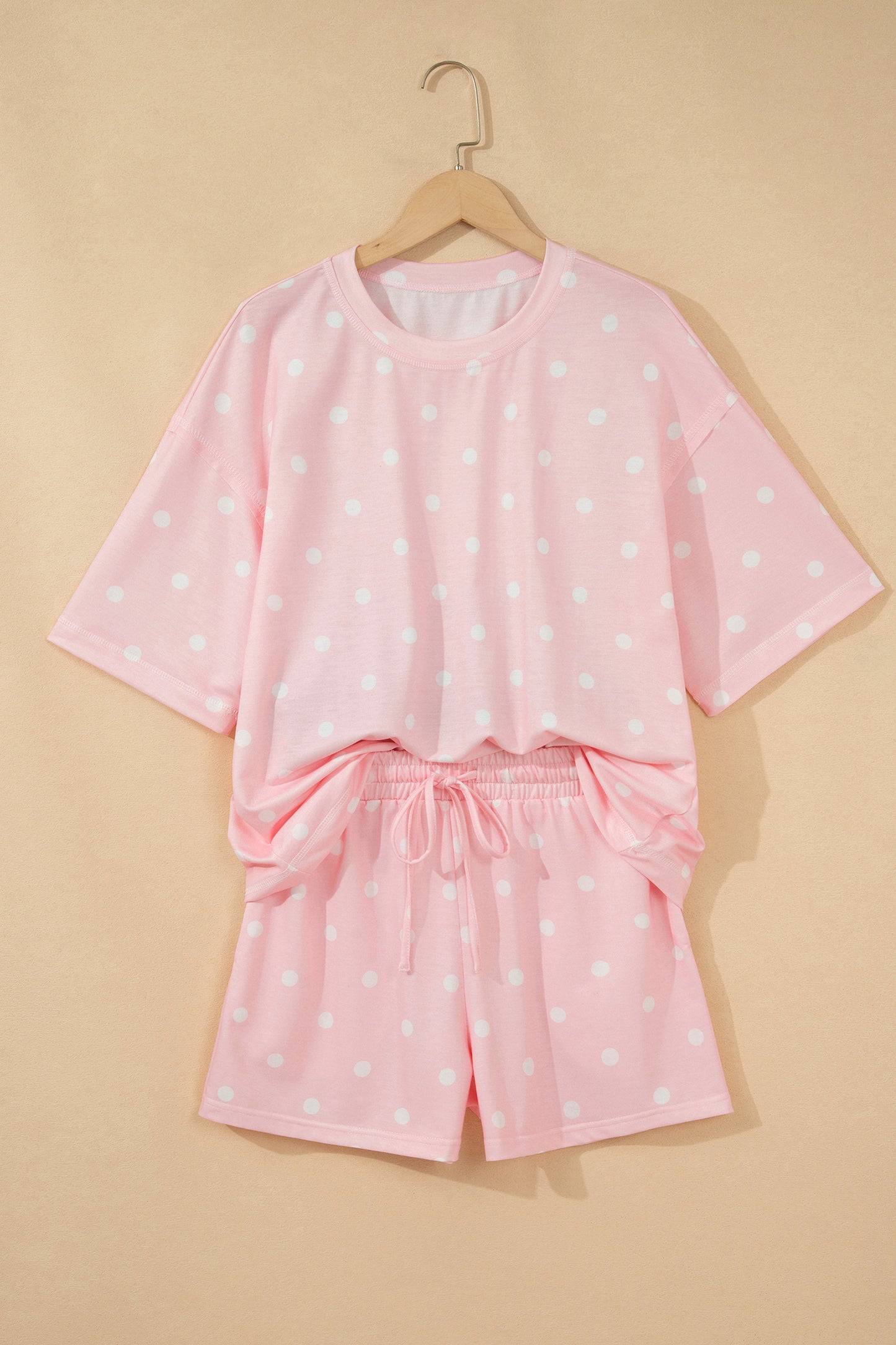 Pink Exposed Seam Detail Polka Dot Loose Tee Drawstring Shorts Set