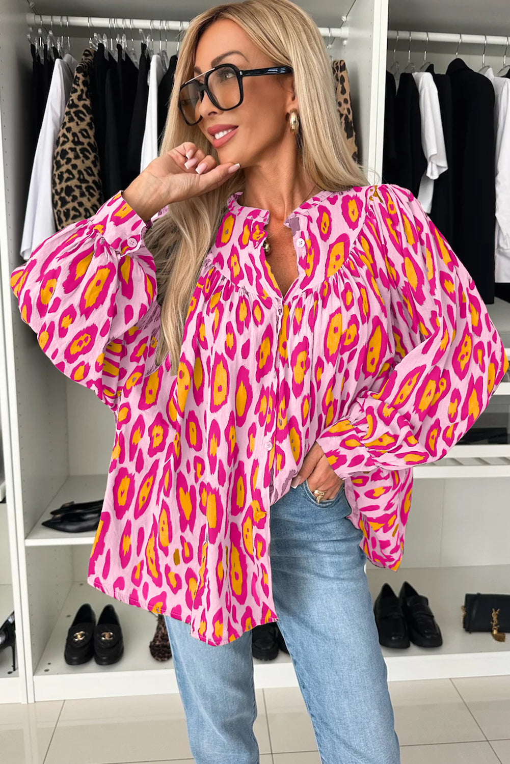 Pink Palms Leopard Button-Up Blouse