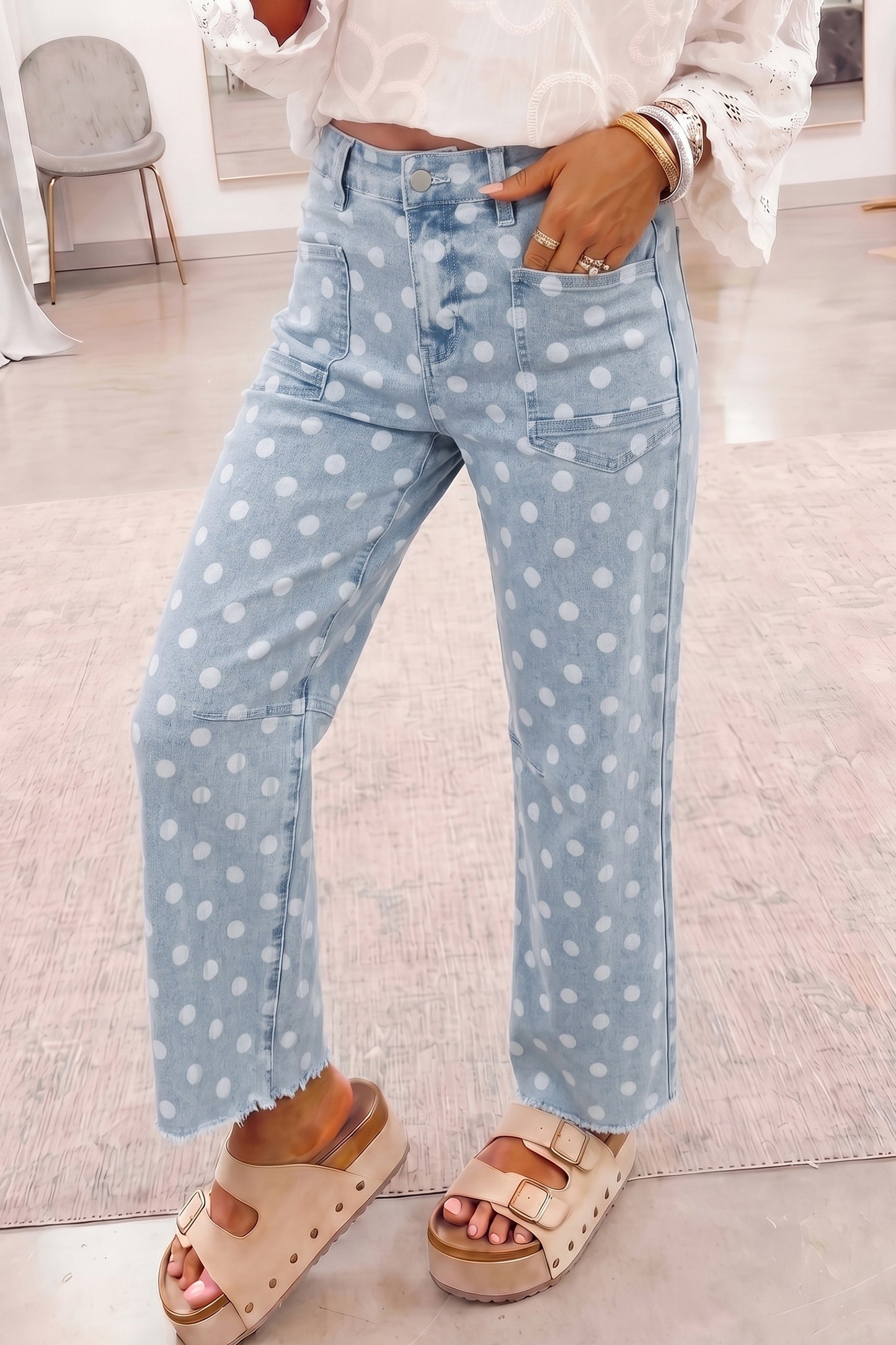 Pink Polka Dot Casual Slim Fit Jeans