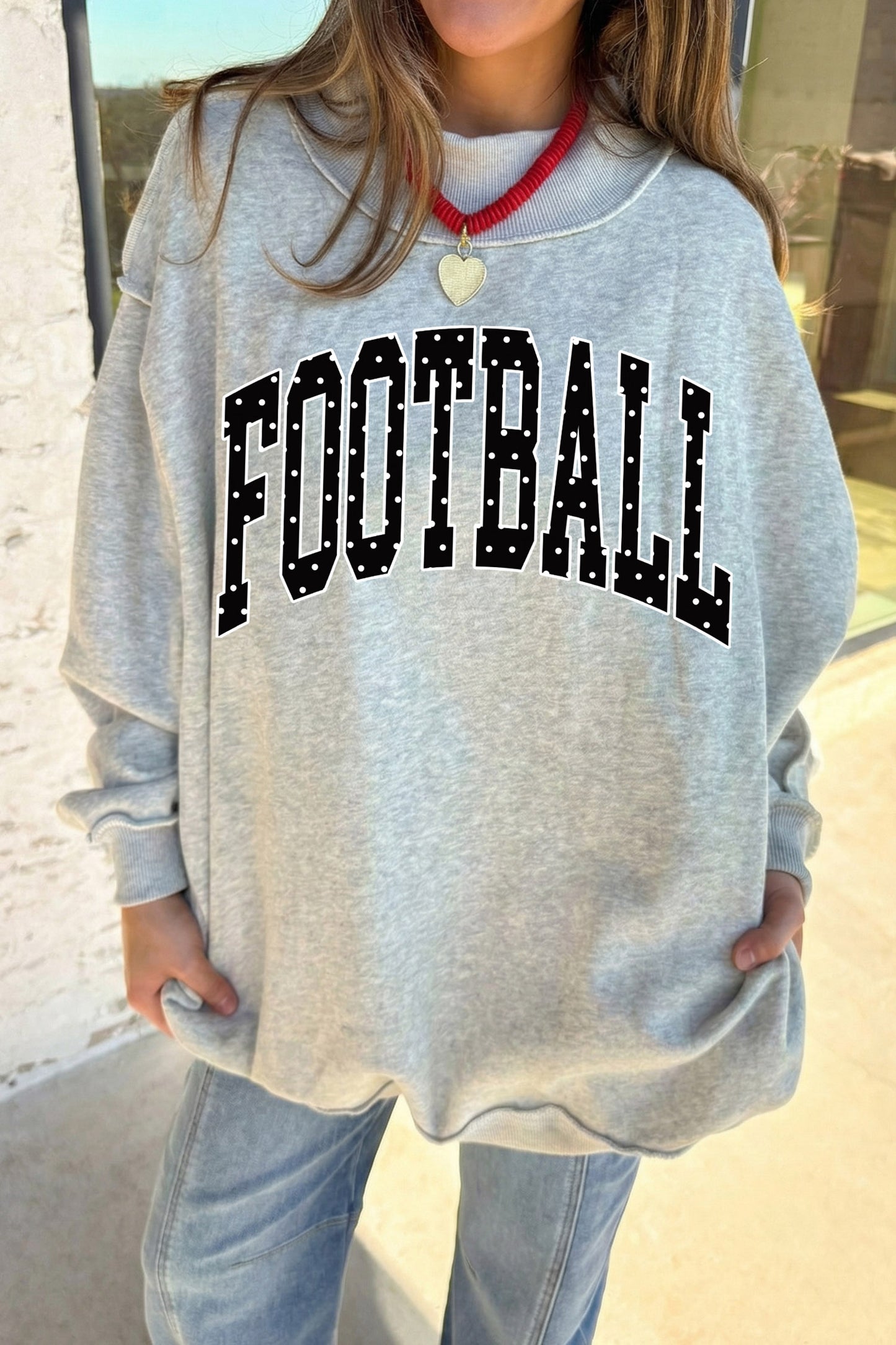 Light Grey Polka Dot Football Letter Print Mock Neck Long Sleeve Pullover Sweatshirt