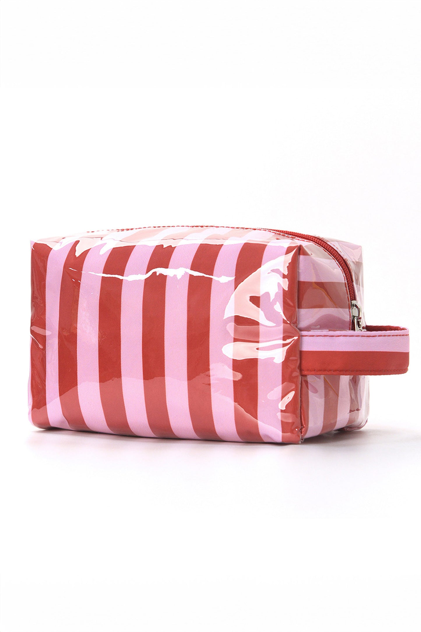 Dark Green PVC Striped Cosmetic Bag Durable Zipper Handle Travel Organizer