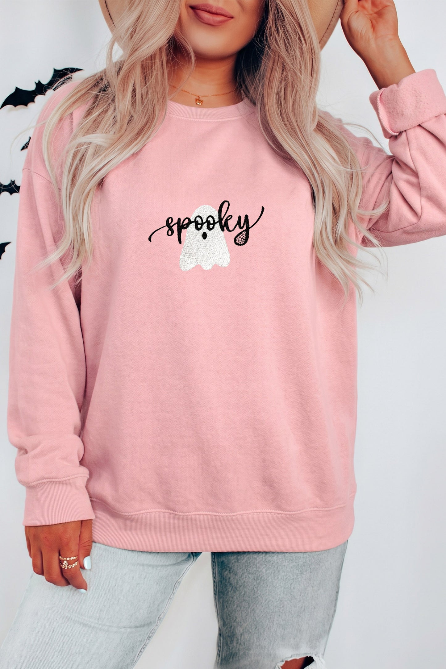 Pink Embroidered Ghost Halloween Graphic Sweatshirt