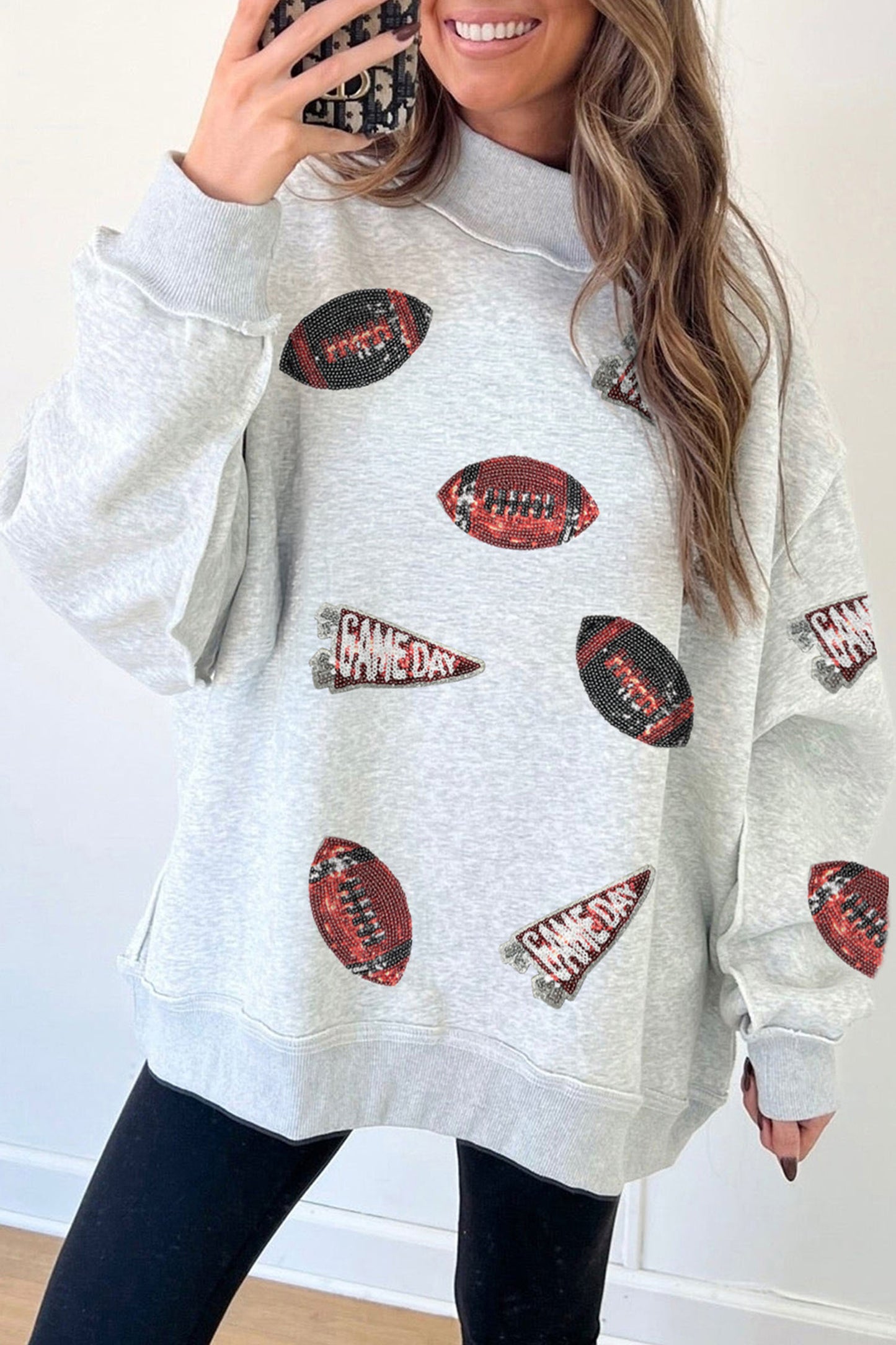Grey Sequin Game Day High Neck Baggy Sweatshirt