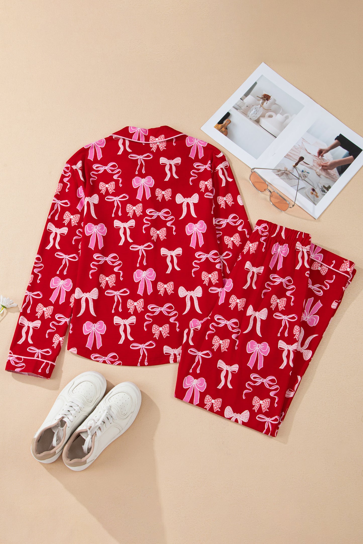 Red Sweet Bow Print Shirt Style Top Long 2pcs Pajama Set