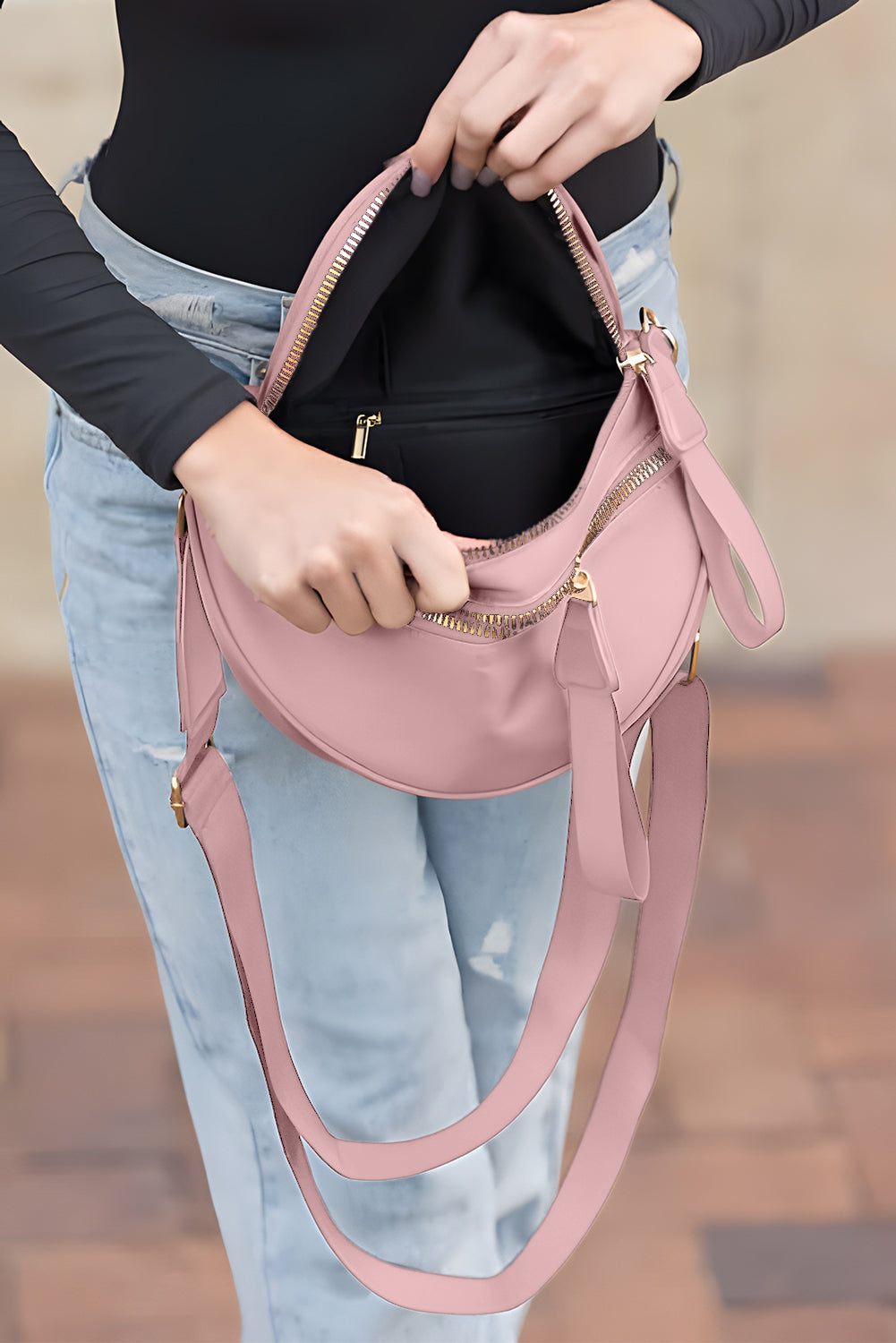 Bright Pink Double Zip Crescent Shape Adjustable Sling Bag
