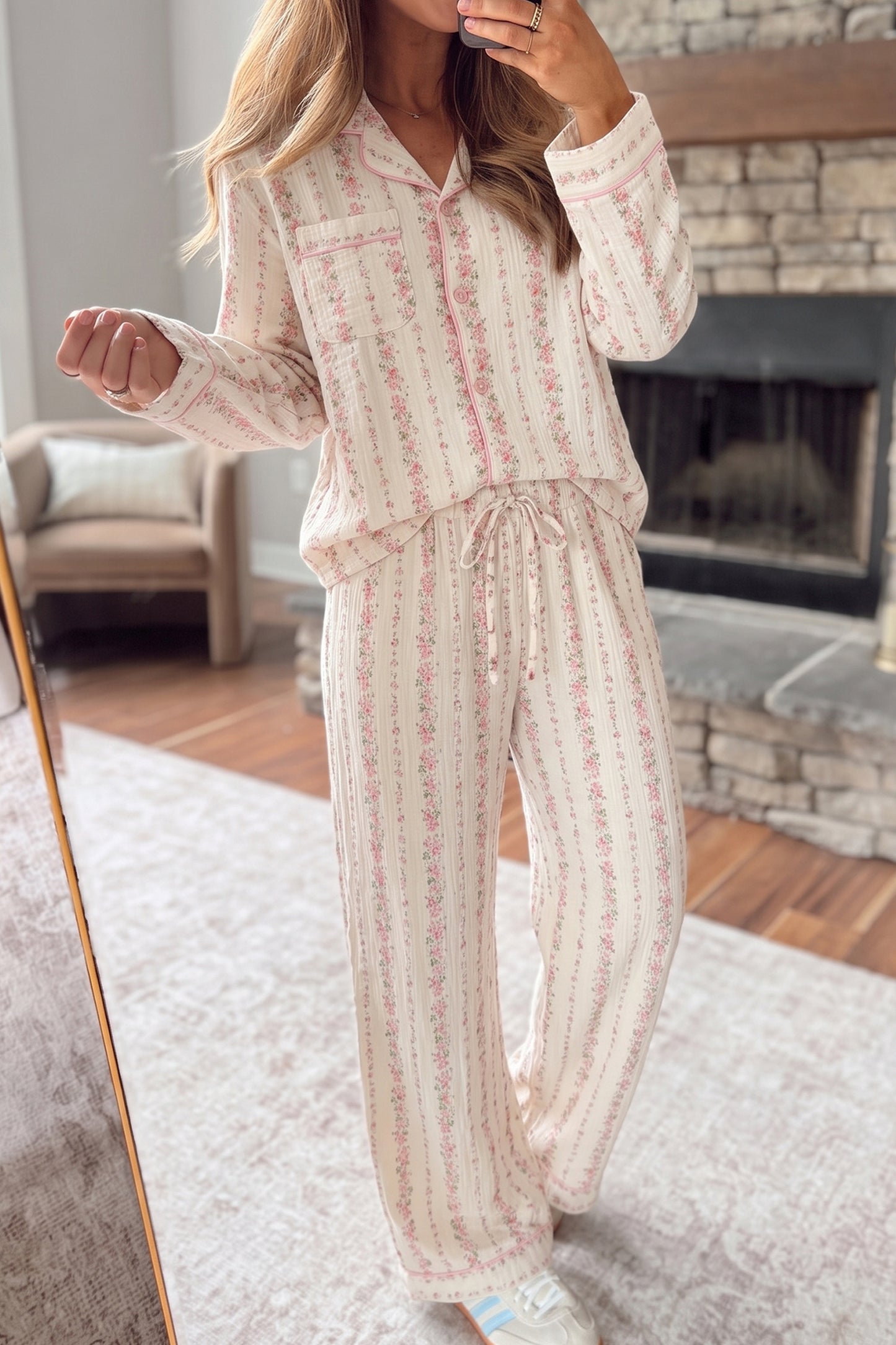 Pink Floral Print Long Sleeve Button Front Shirt Pajama Pant Set