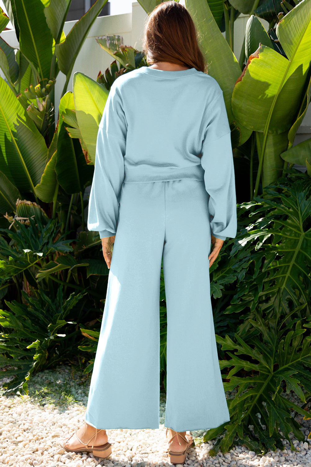 Yellow Cream Drop Shoulder Puff Sleeve Crop Pullover Drawstring Wide Leg Pants Set