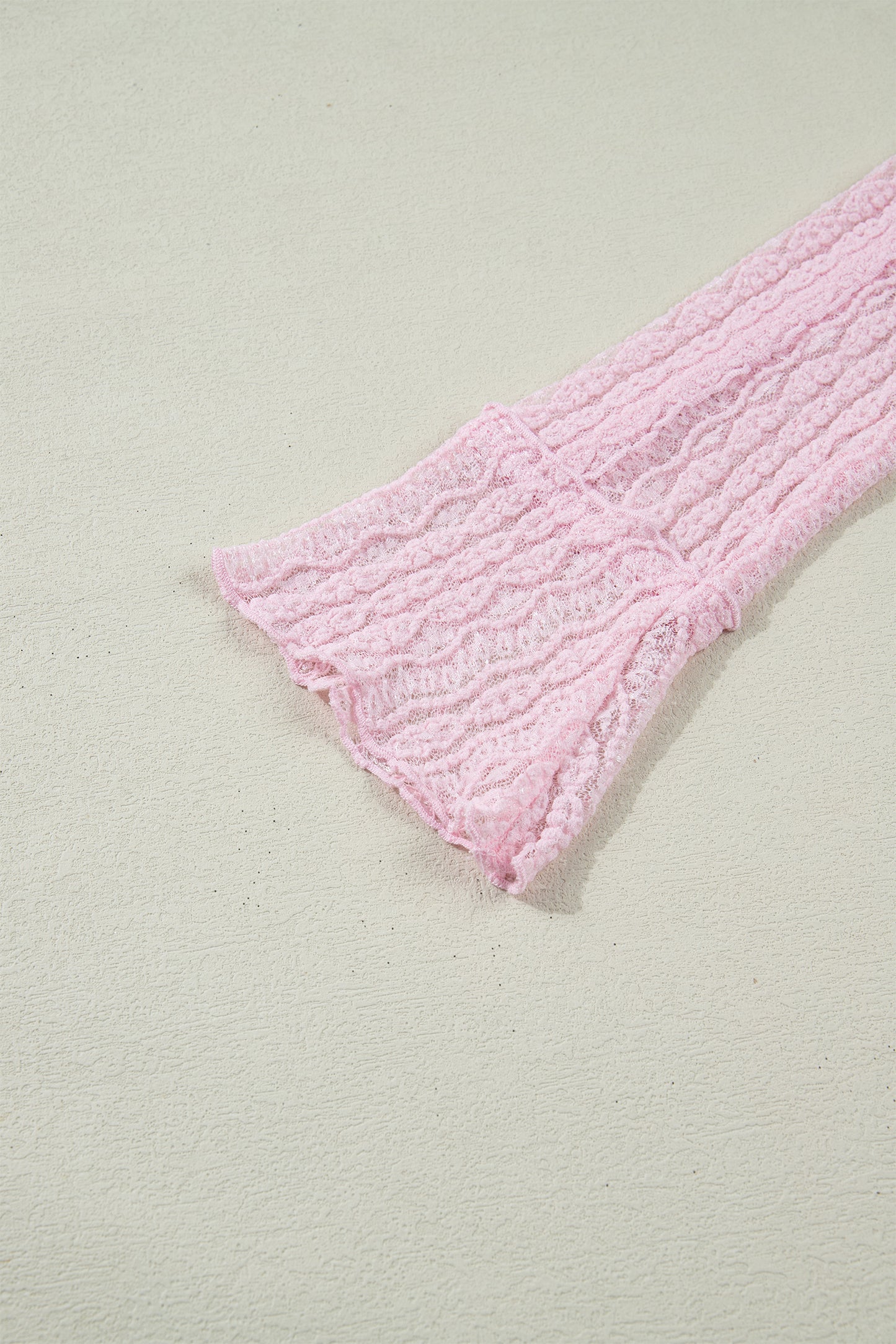 Light Pink Flounced Long Sleeve Mock Neck Sheer Lace Top