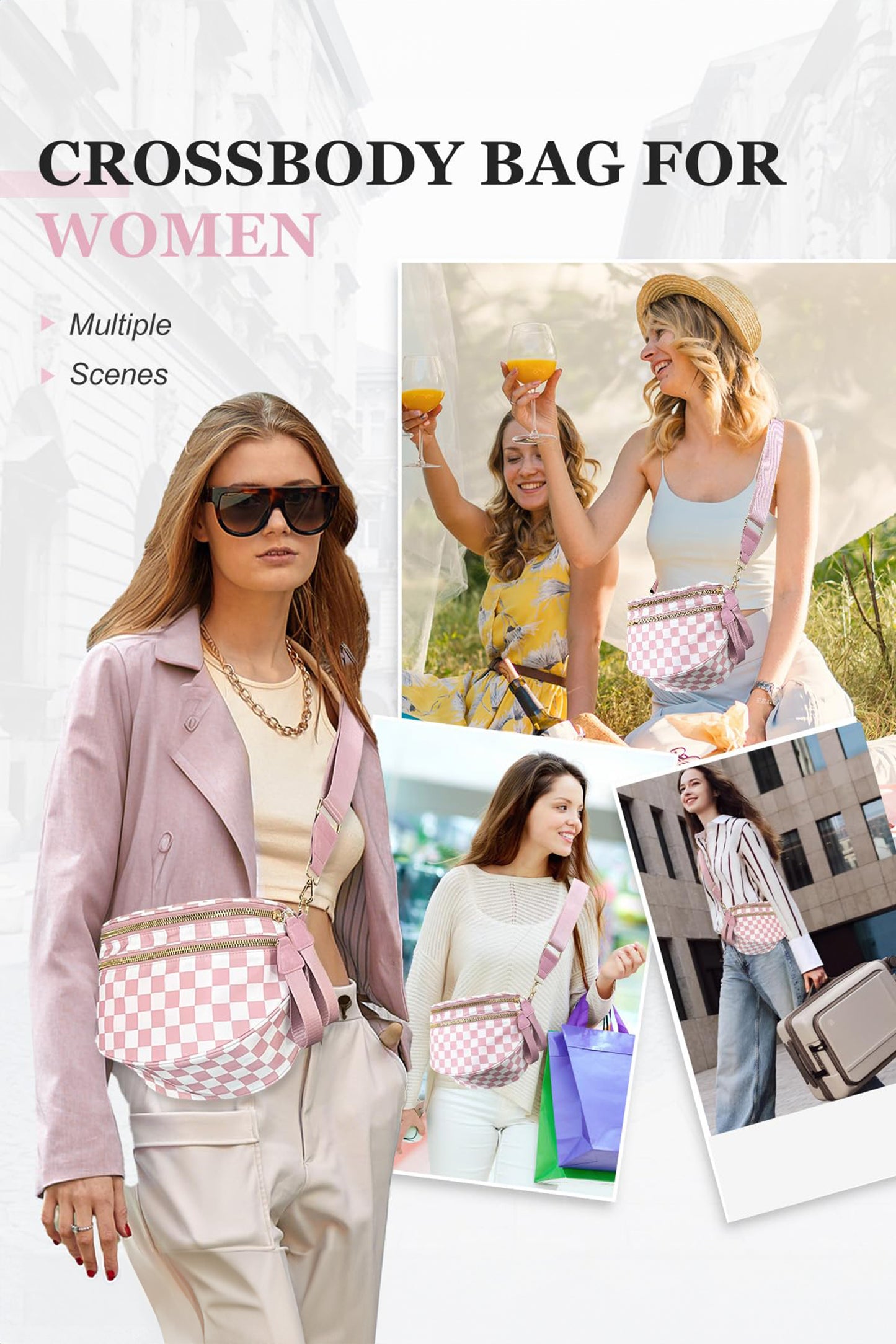 White Checkered Print Wide Strap Large Crossbody Bag