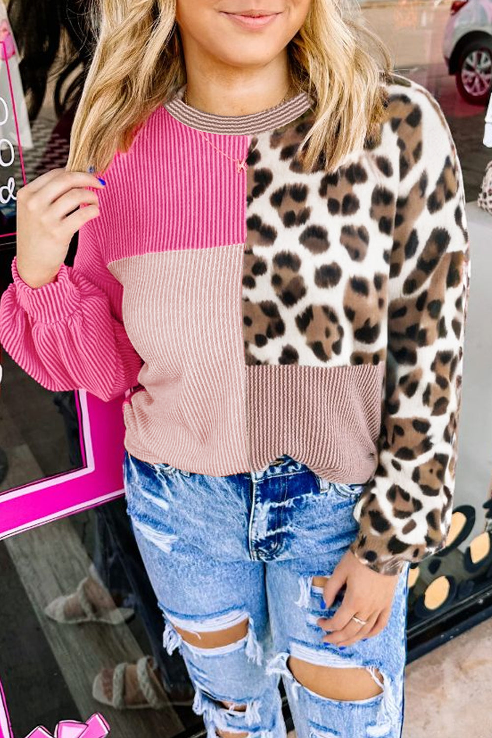 Plus Size Twisted Ribbed Color Block Leopard Patchwork Blouse