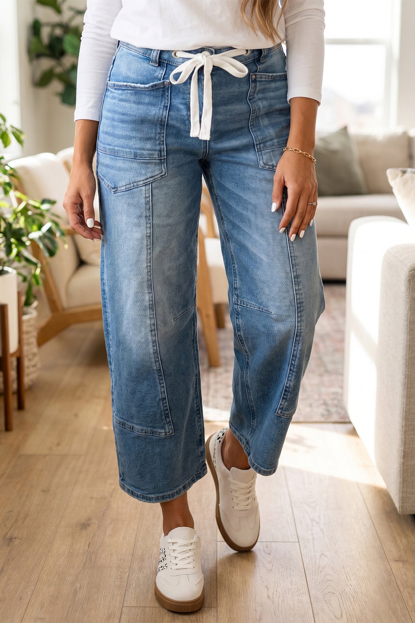Beau Blue Solid Patchwork Grommet Tie Waist Loose Ankle-Length Jeans