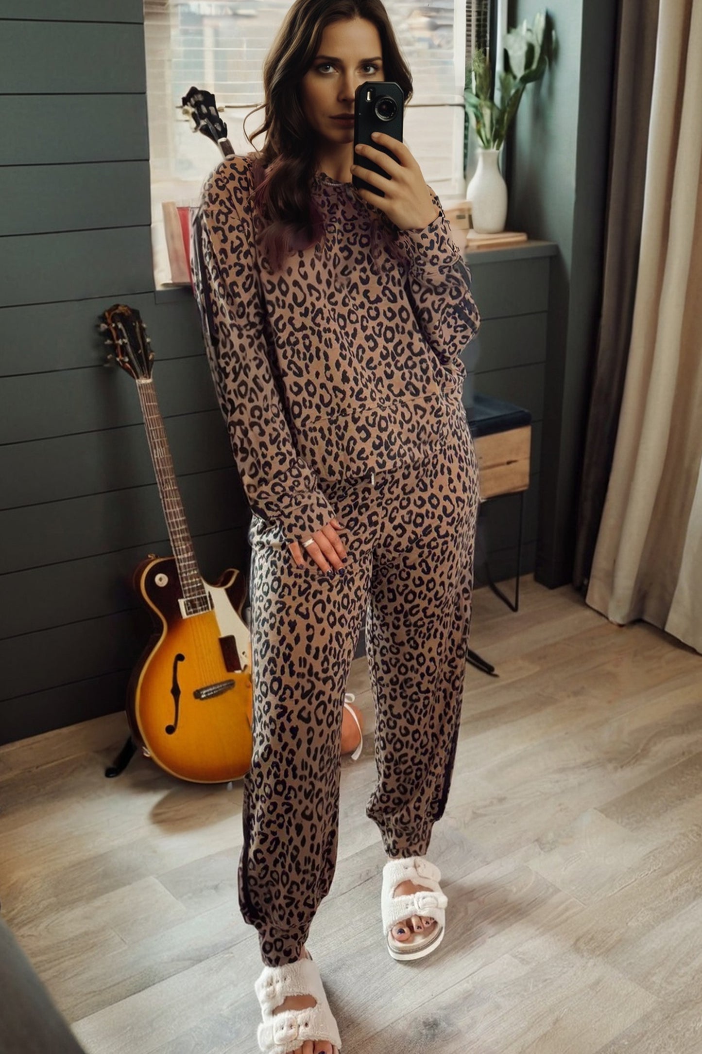 Brown Varsity Striped Trim Leopard Long Sleeve Top Drawstring Pant Set