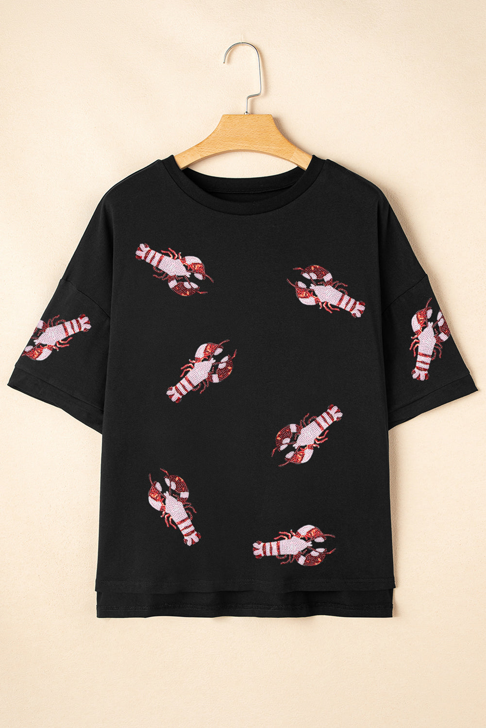 Black Sequin Crawfish Graphic Drop Sleeve High Low Tee
