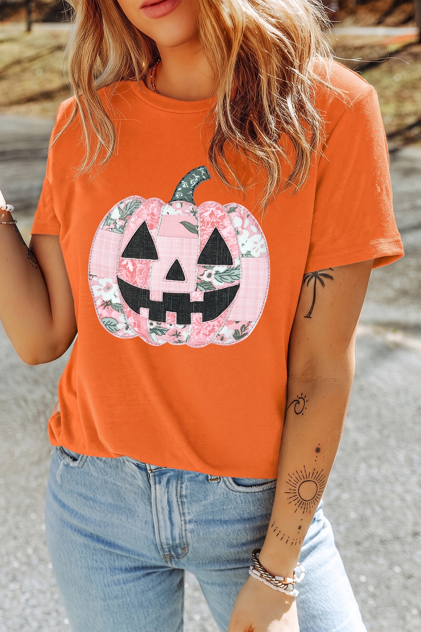 Orange Patchwork Pumpkin Graphic Short Sleeve Round Neck Tee