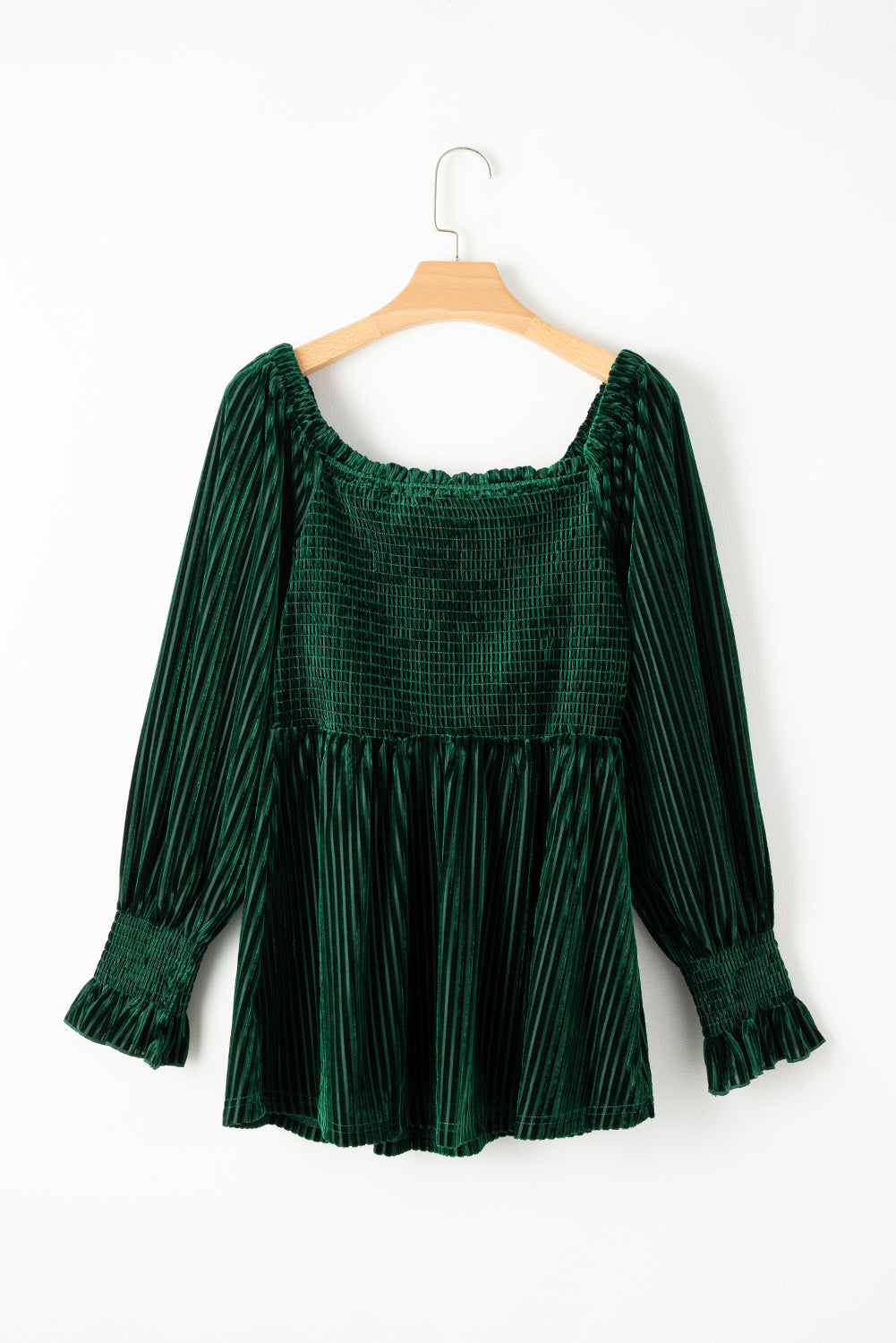 Green Smocked Ribbed Velvet Babydoll Top