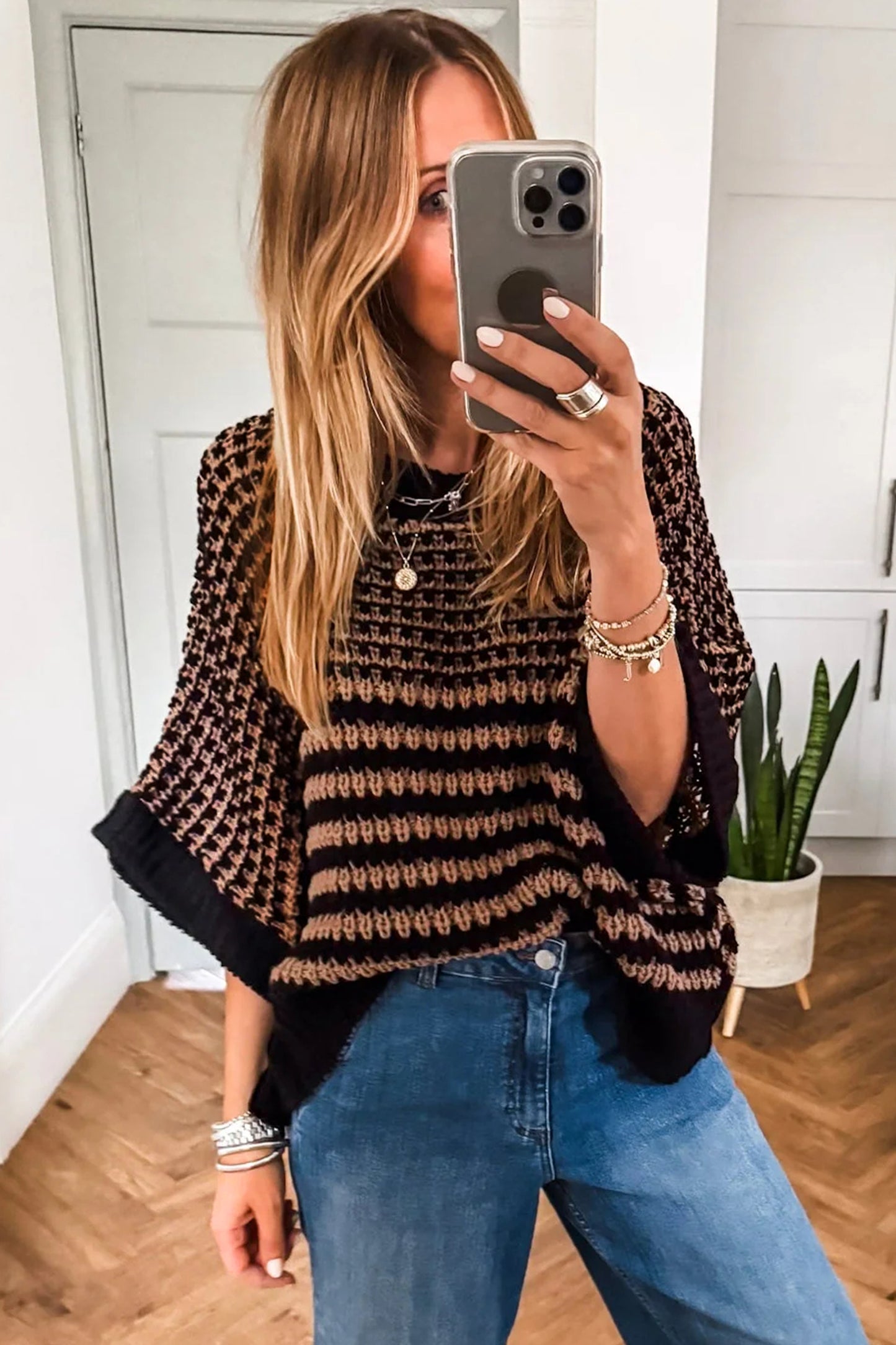 Black Stripe 3/4 Draped Sleeve Slouchy Sweater
