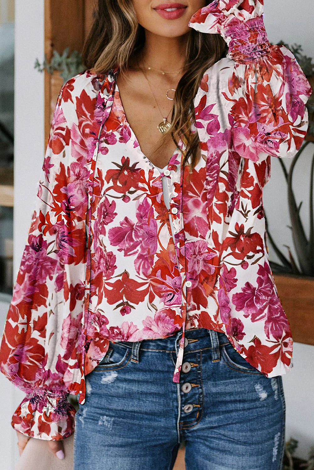 Fiery Red Cakewalk Floral Smocked Blouse