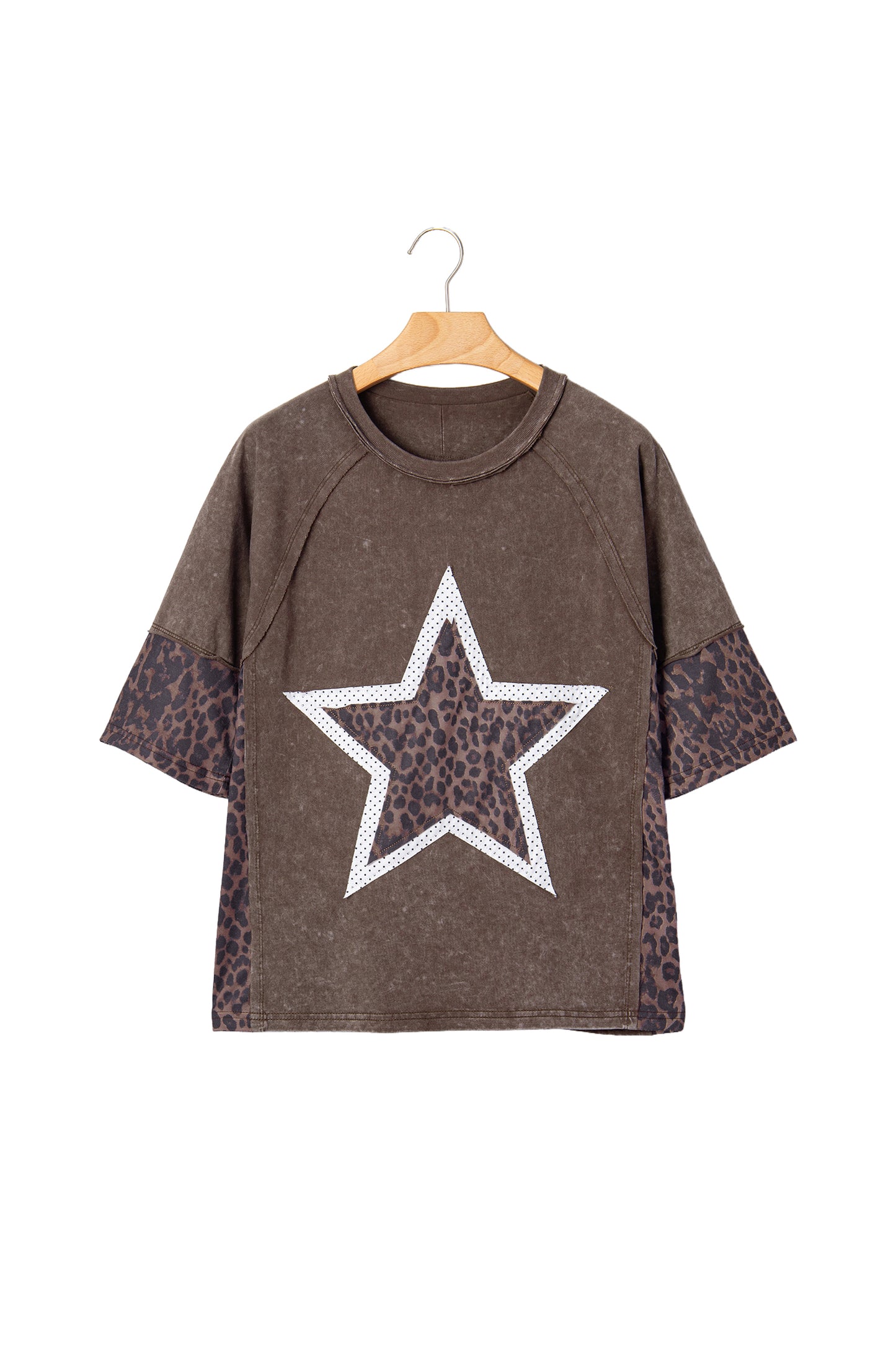 Mineral Wash Exposed Seam Leopard Star Patched T Shirt