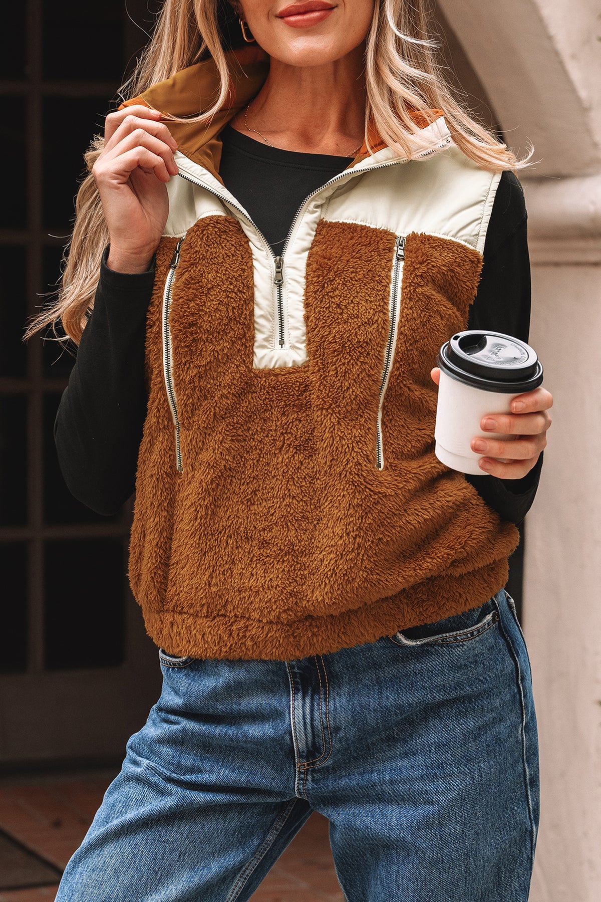 Chestnut Color Block Plush Patchwork Zipper Stand Neck Vest