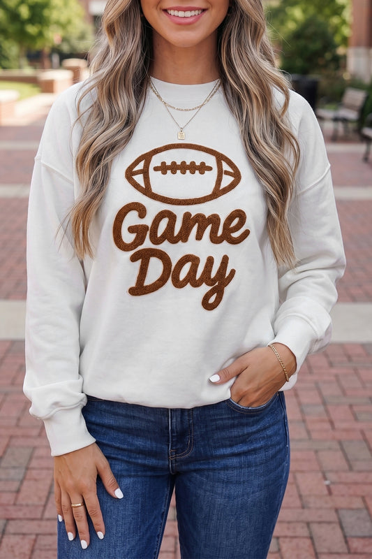 White Embroidered Game Day Sweatshirt