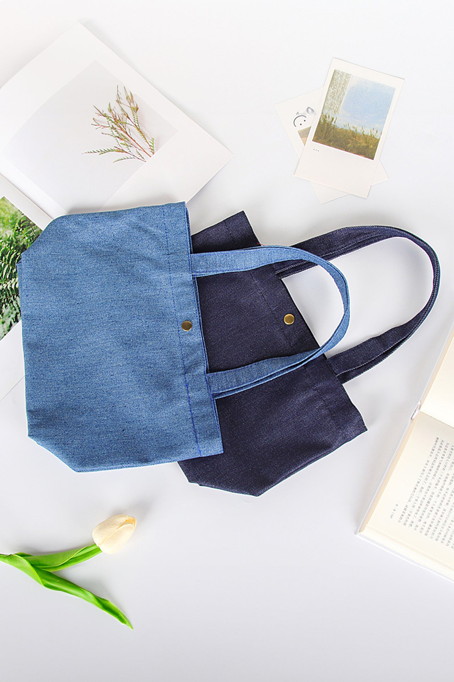 Sky Blue Vintage Denim Snap Button Tote Bag