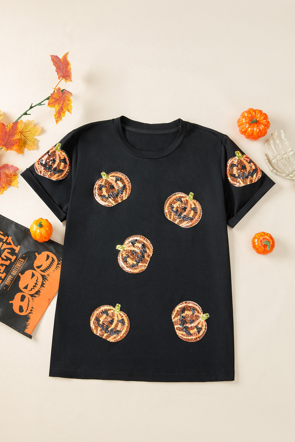 Sequin Pumpkin Face Halloween T Shirt