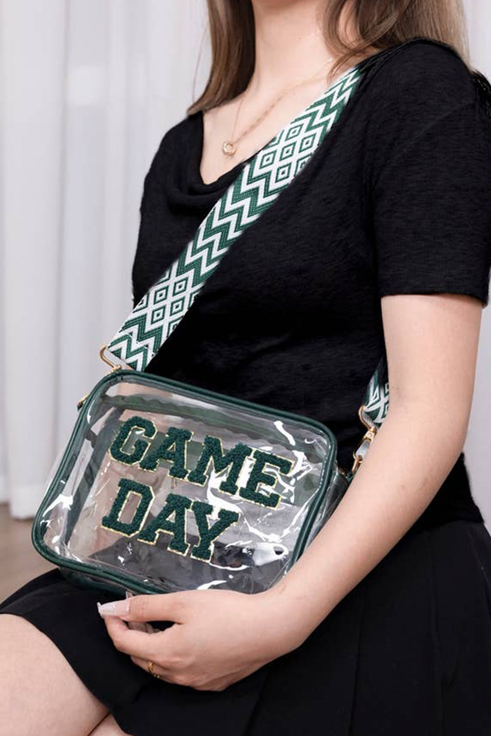 Black GAME DAY Chenille Embroidered Clear PVC Shoulder Bag