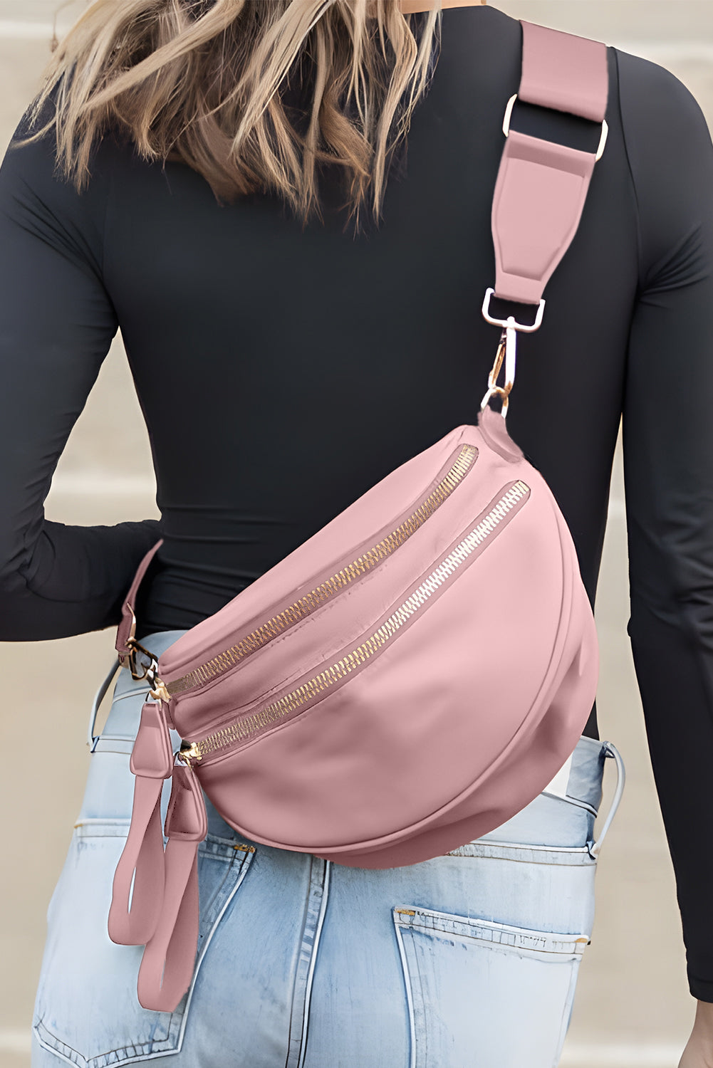 Bright Pink Double Zip Crescent Shape Adjustable Sling Bag