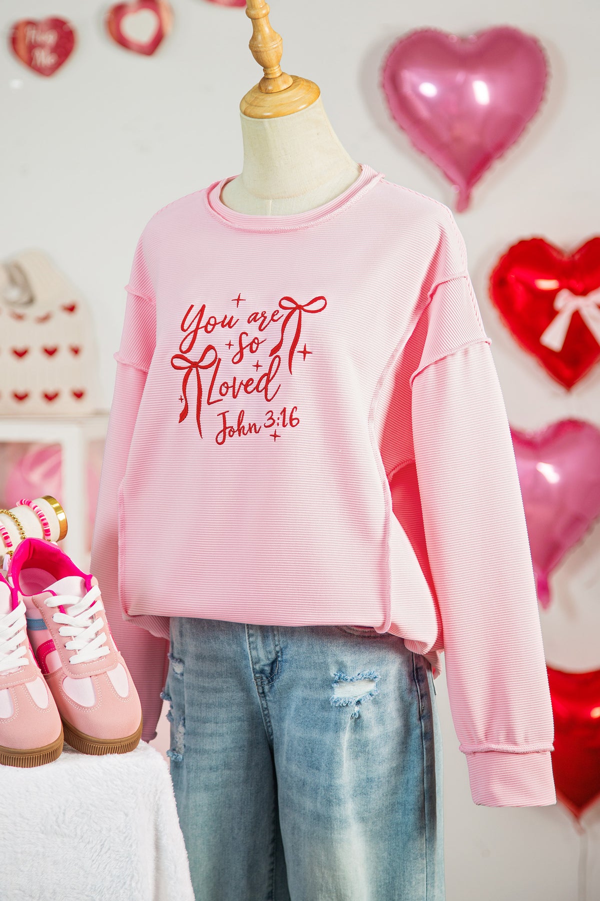 Pink you are so loved Valentines Day Bow Embroidered Graphic Pullover Top