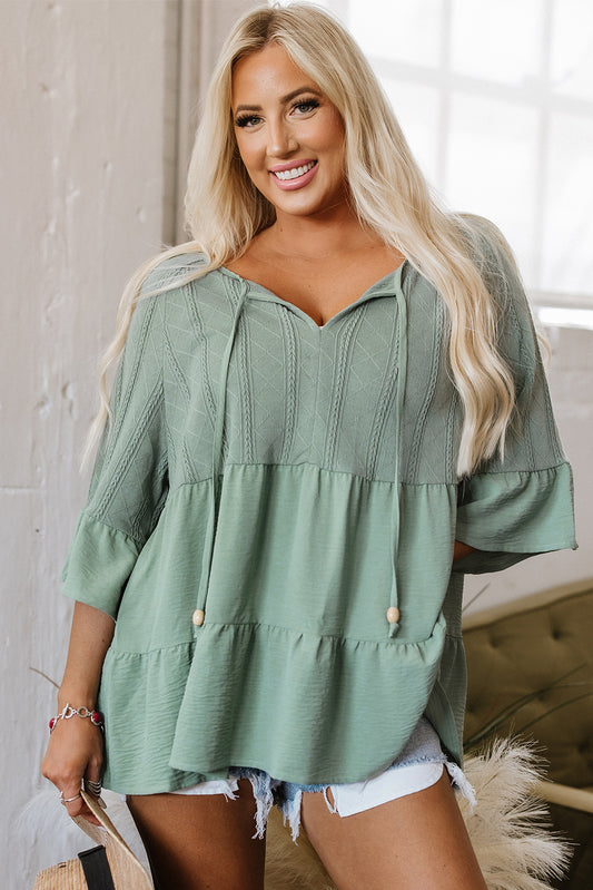 Sage Green Textured Ruffle Patchwork Blouse