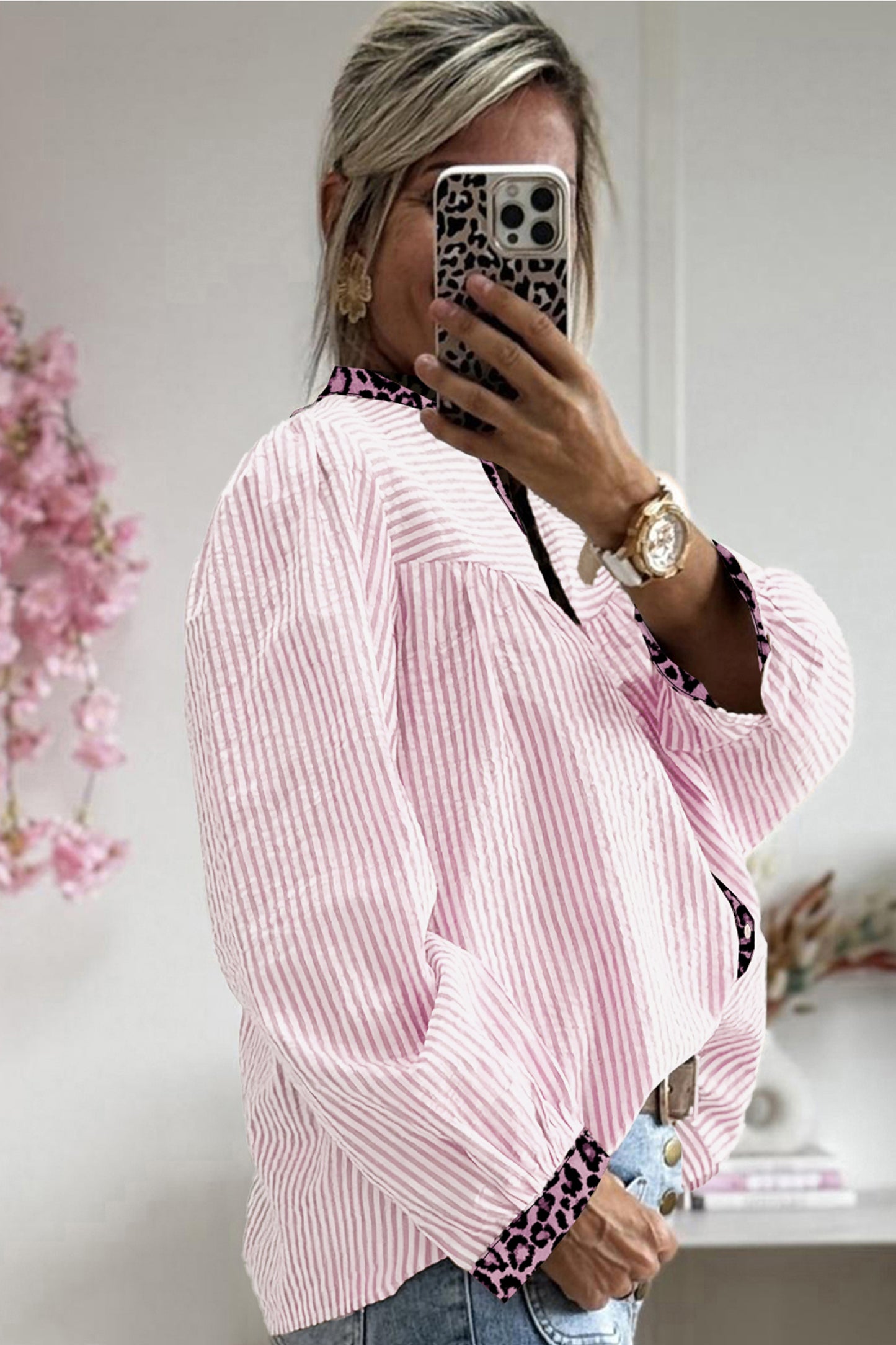 Blush & Bold Leopard Trim Blouse