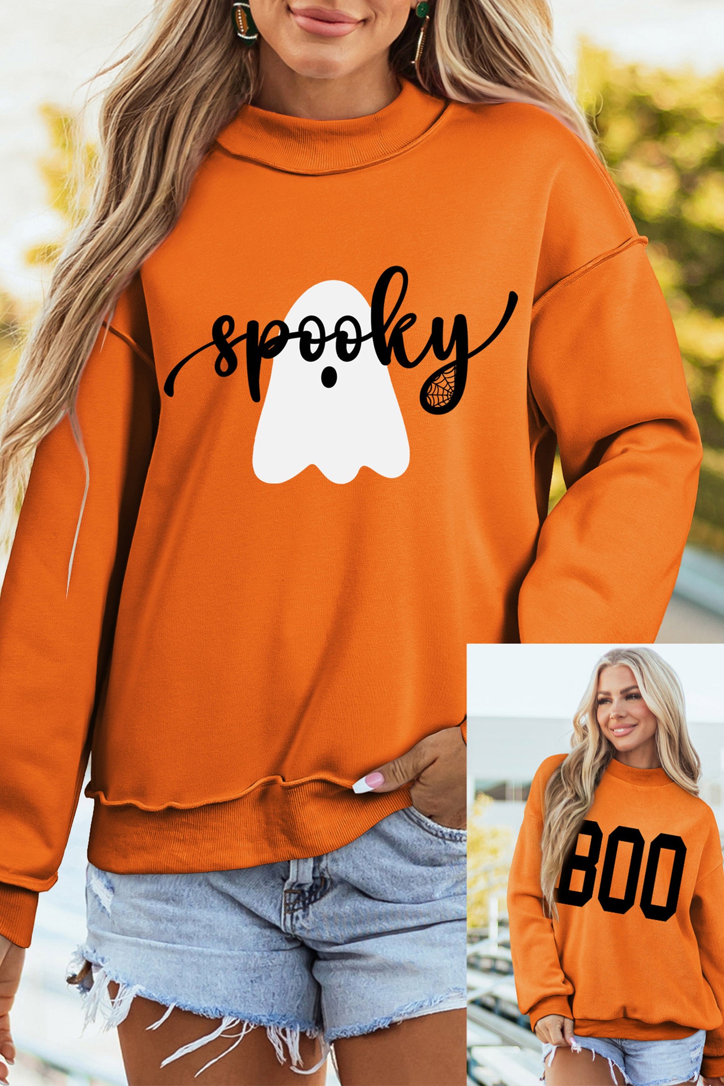 Carrot Spooky Ghost/ BOO Reversible Print Mock Neck Casual Pullover Sweatshirt
