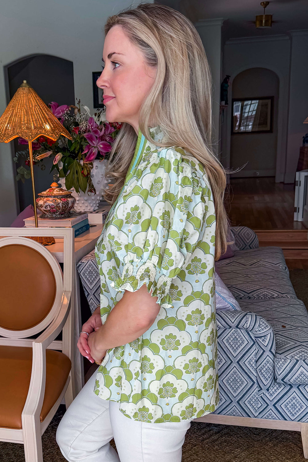 Green Floral Clouds Ruffled Short Sleeve Summer Blouse