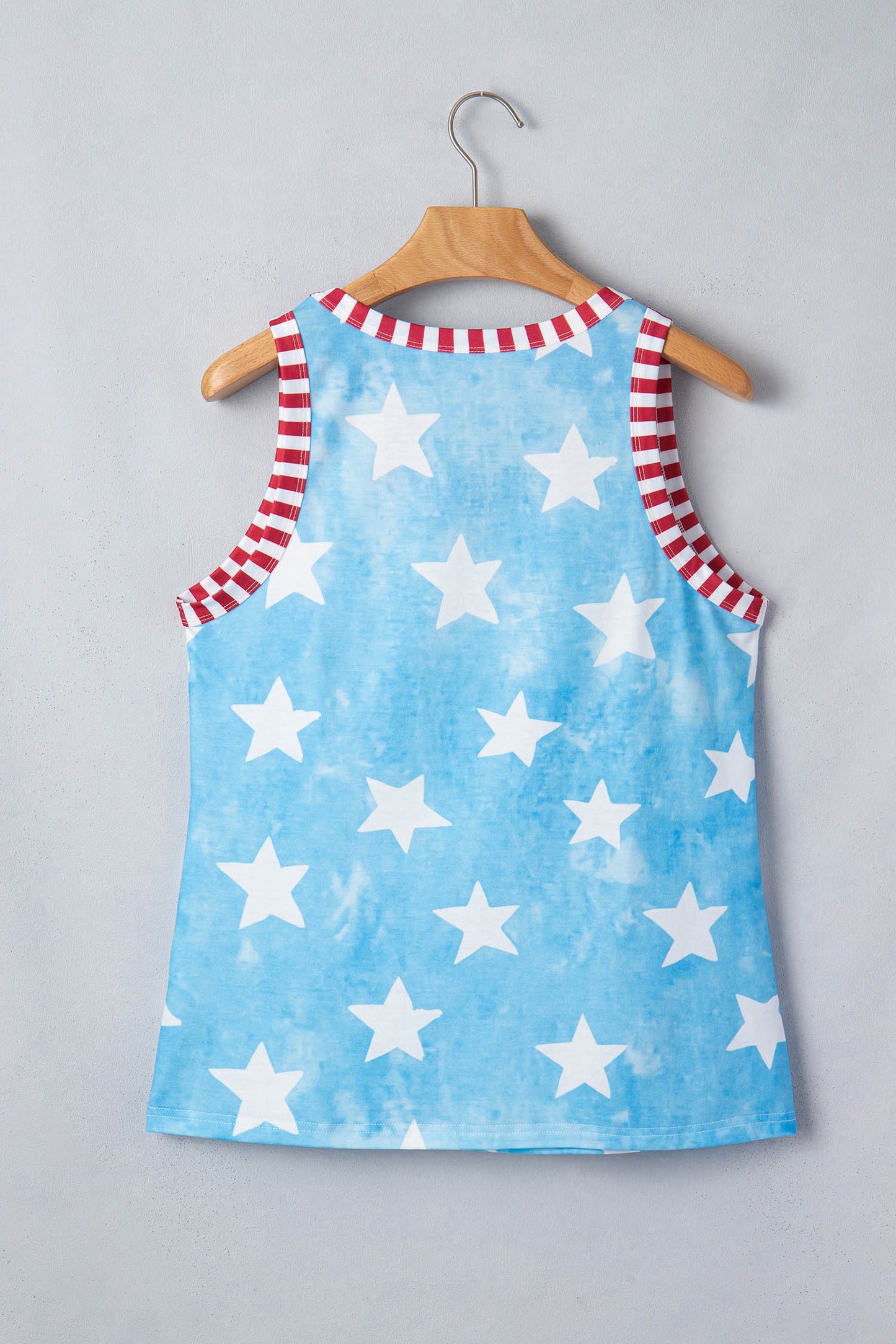 Sky Blue Tie Dye Star Print Striped Trim Round Neck Casual Tank Top