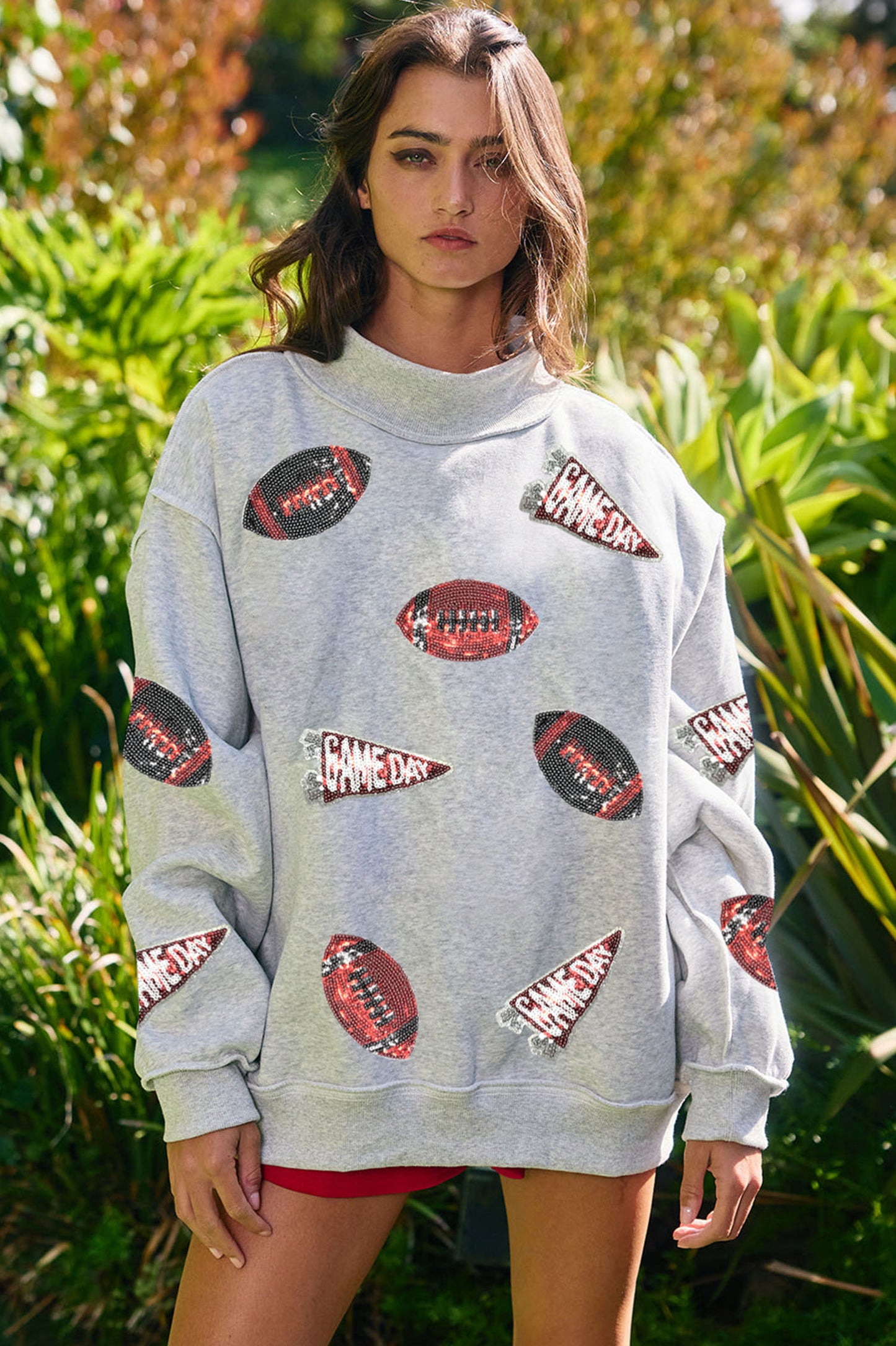Grey Sequin Game Day High Neck Baggy Sweatshirt