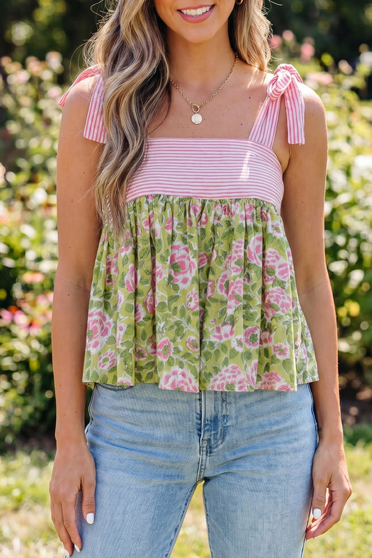 Green Floral Printed Knot Straps Babydoll Tank Top