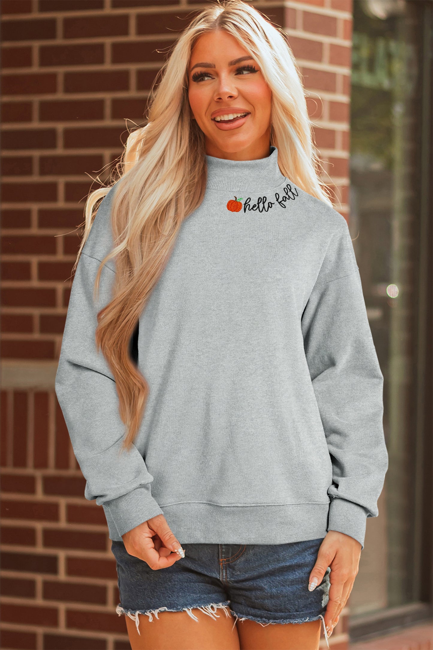 Hello Embroidered Pumpkin Detail Mock Neck Sweatshirt