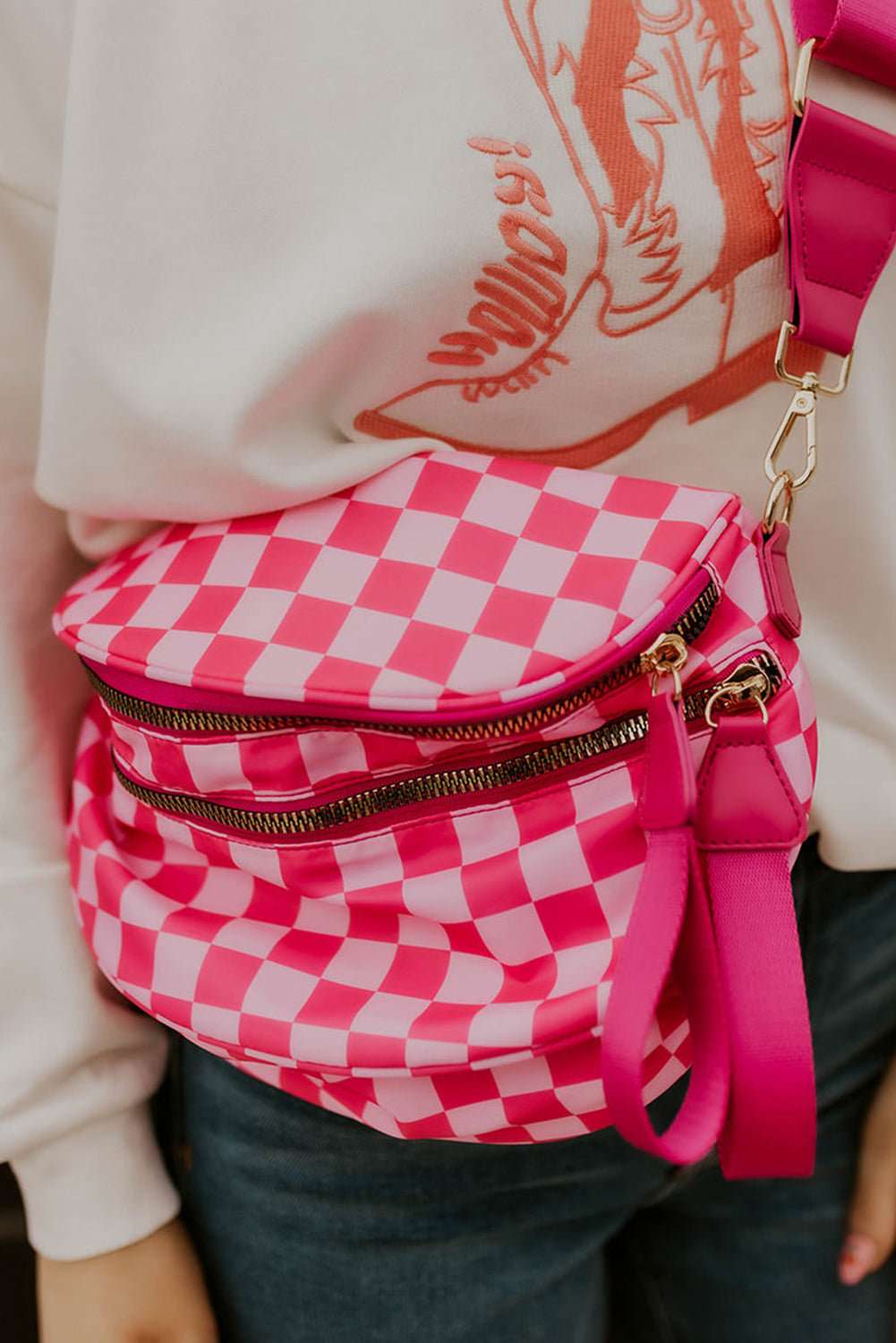 White Checkered Print Wide Strap Large Crossbody Bag