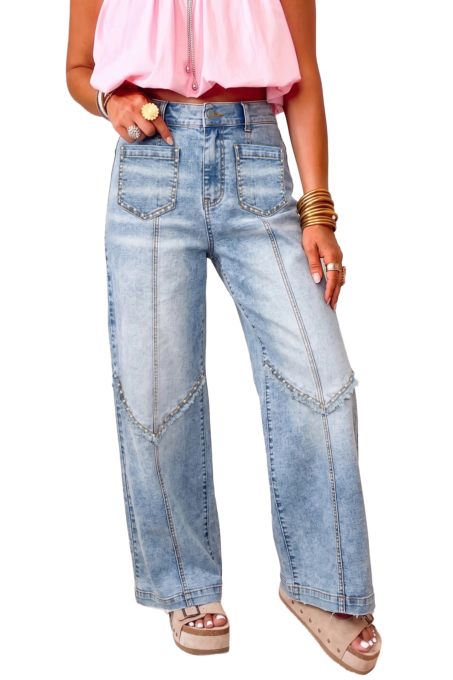 Beau Blue Frayed Studded Detail Wide Leg Pocketed Jeans