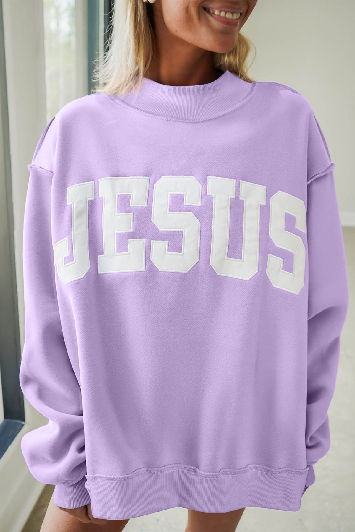 JESUS Graphic Exposed Seam Mock Neck Sweatshirt