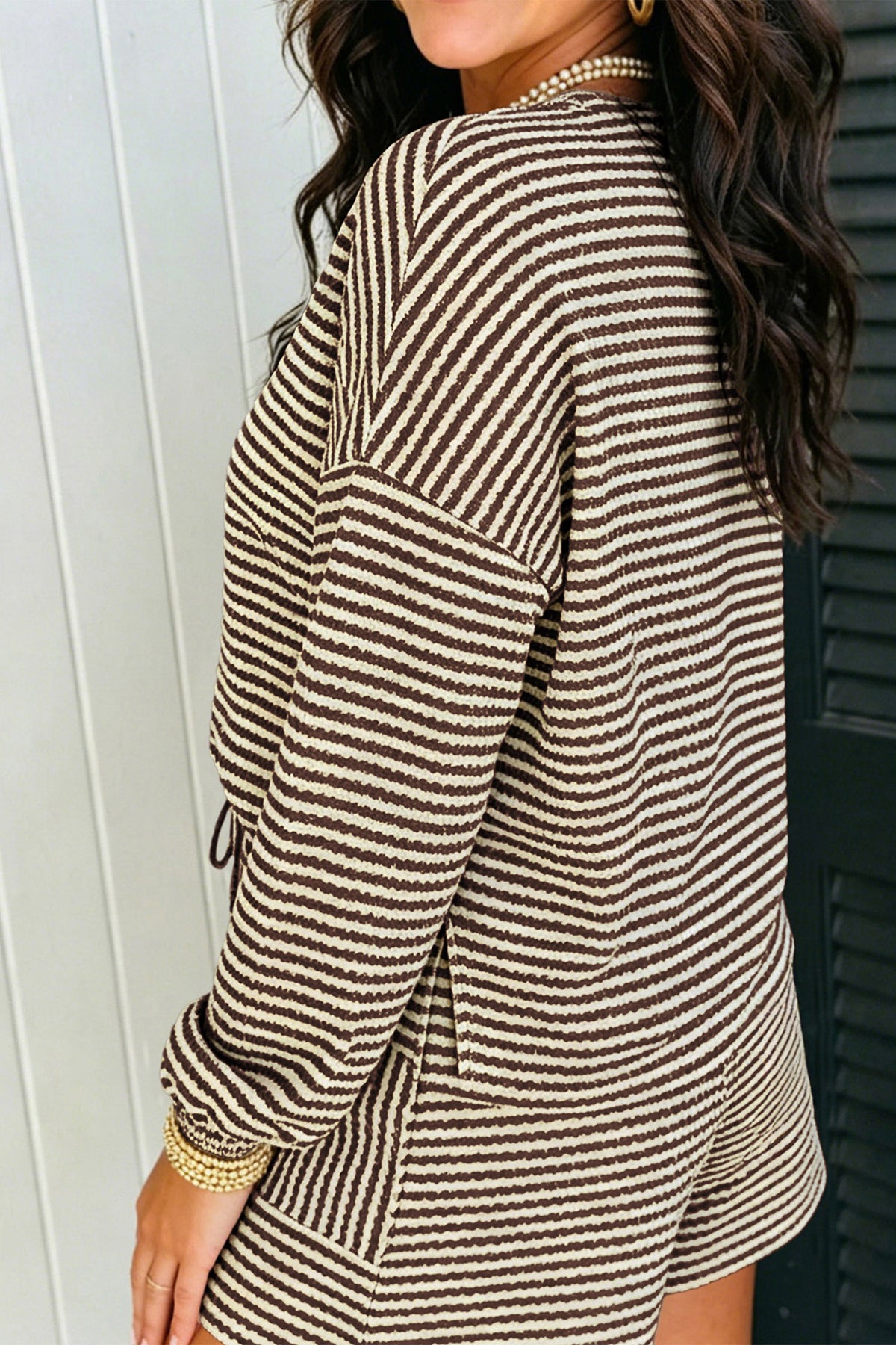 Black Stripe Textured Knit Long Sleeve Top Elastic Waist Shorts Casual Outfit