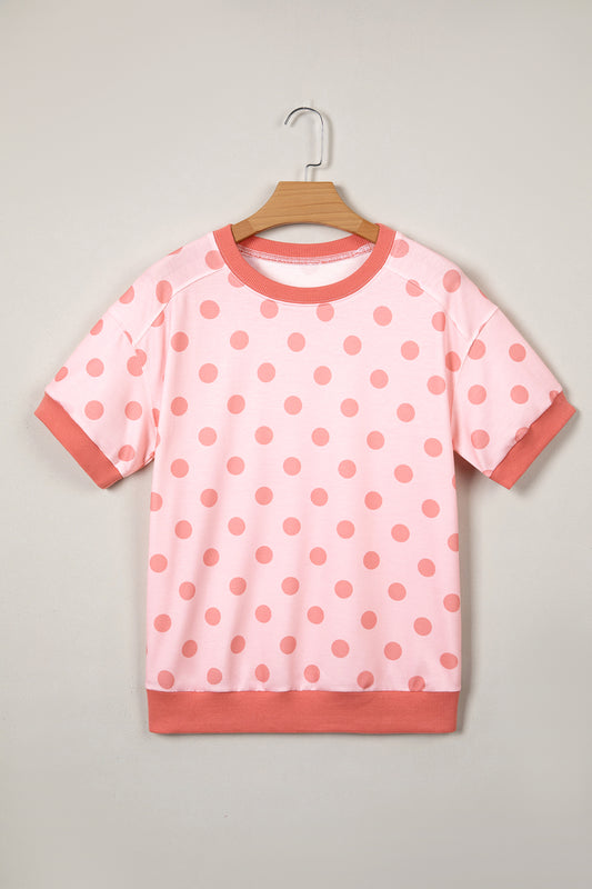 Pink Color Block Trim Polka Dot Casual Tee
