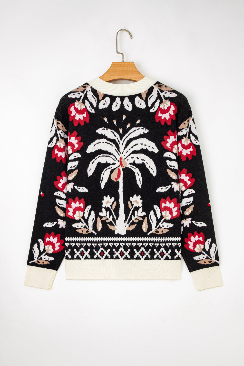Beige Floral Print Buttoned Front V Neck Knit Cardigan