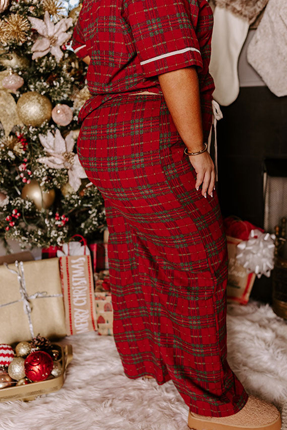 Red Plus Size Plaid Short Sleeve Shirt Loose Pants 2pcs Pajama Set