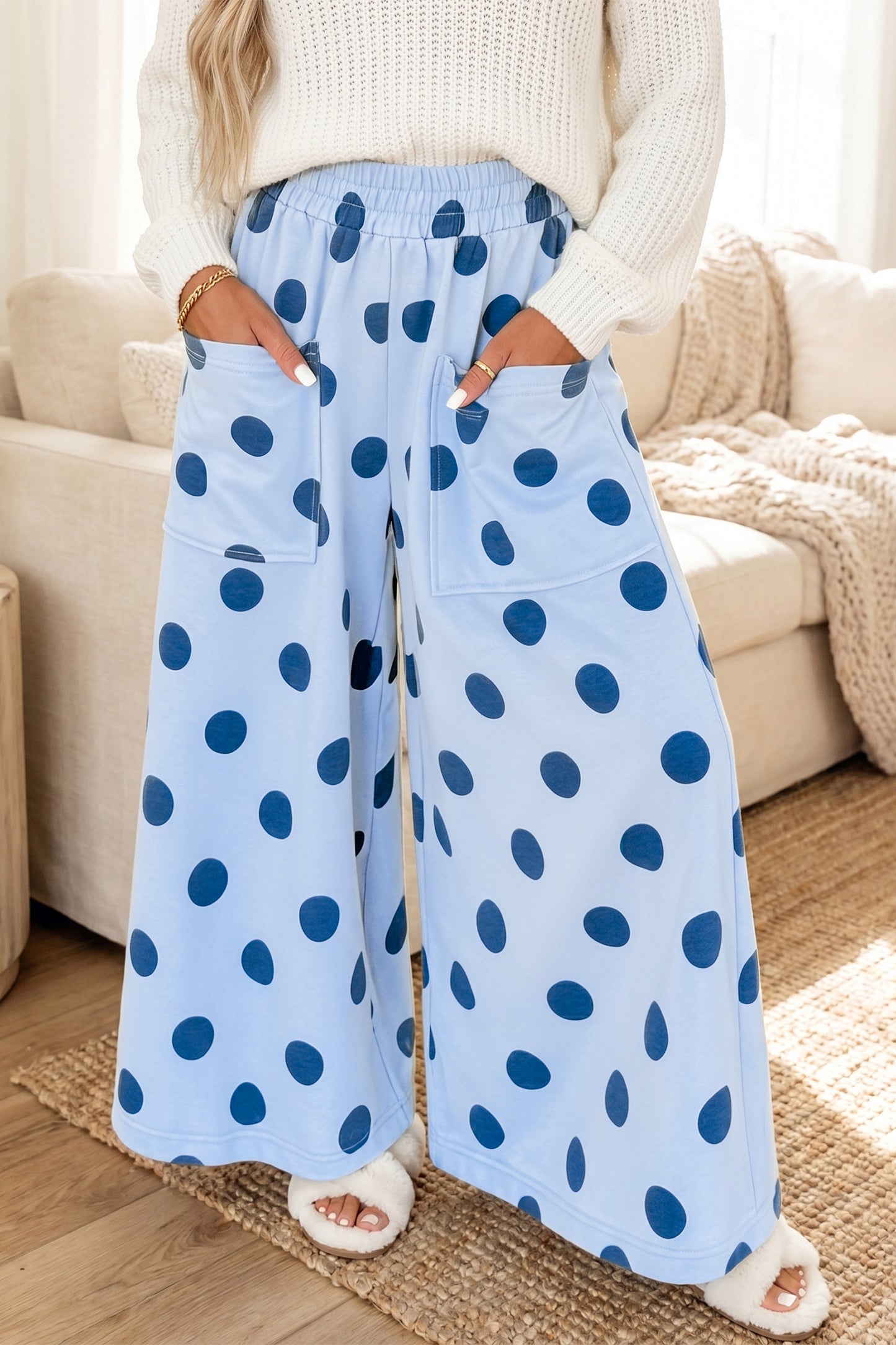 Brown Polka Dot Wide Leg Elastic Waist Casual Pants