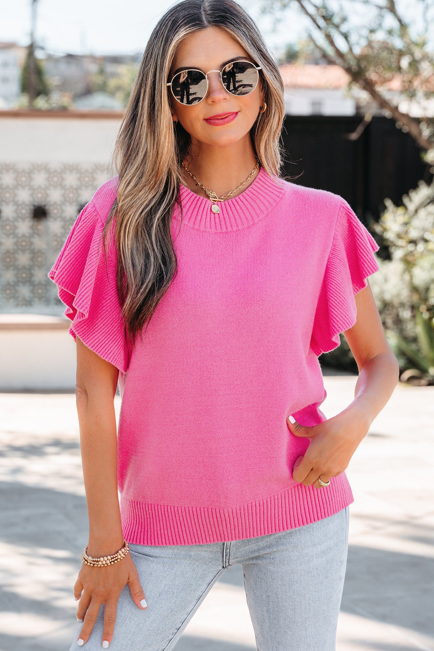 Pink Petal Ruffle Sleeve Sweater