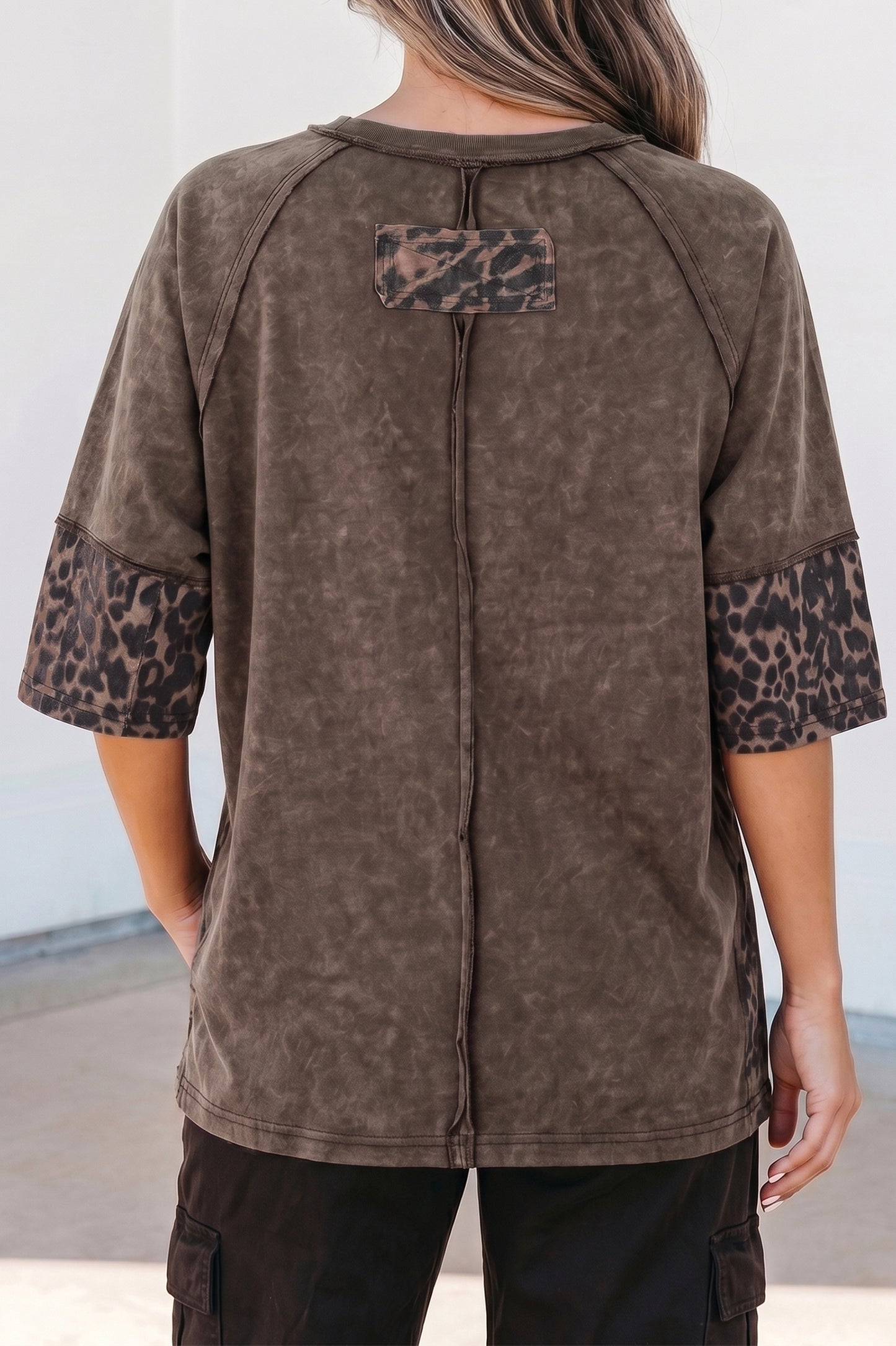 Mineral Wash Exposed Seam Leopard Star Patched T Shirt