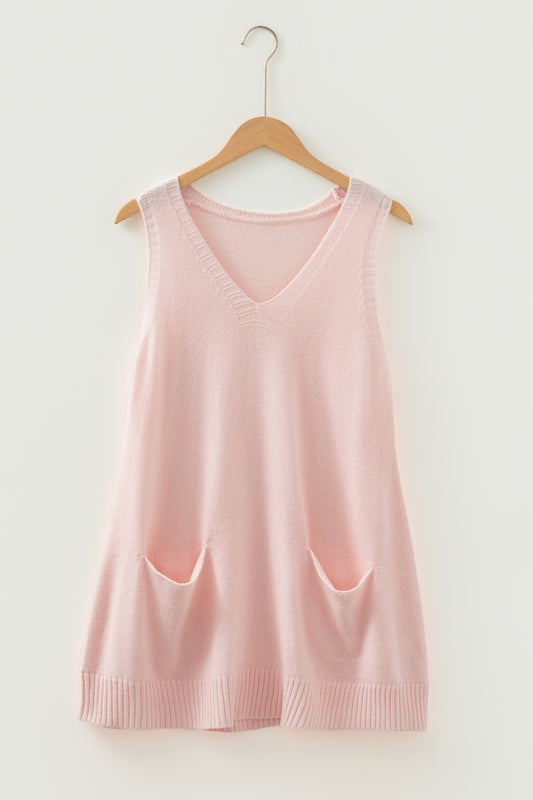 Delicacy Ribbed Deep V Neckline Front Pocketed Loose Tunic Sweater Vest
